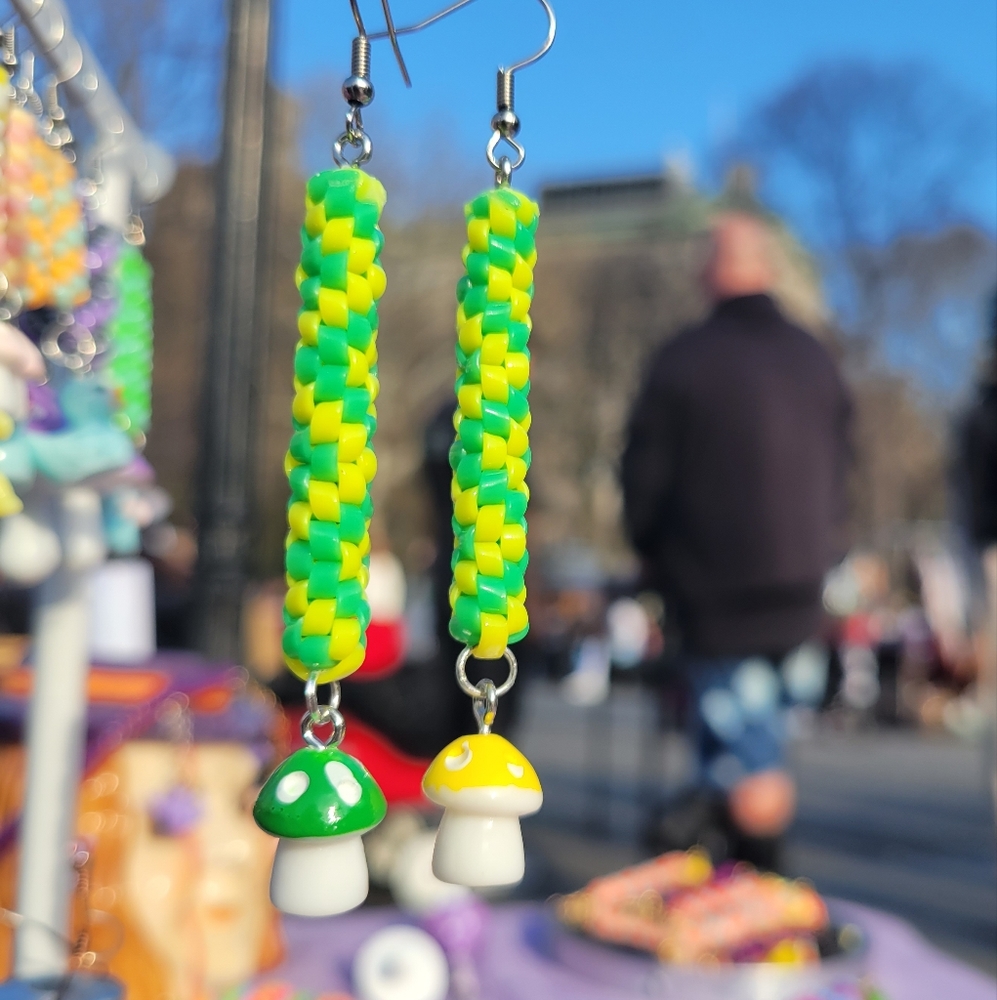 Yellow Green Zigzags w Mushroom Charms - Handmade Lanyard / Scoobidou Earrings